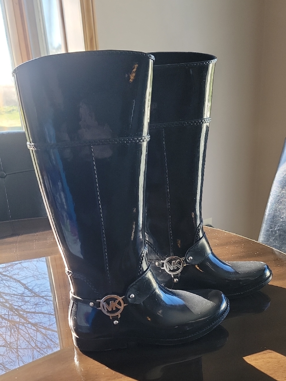 Michael Kors Black Patent MK Logo Riding Boots